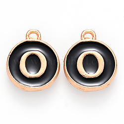 Golden Plated Alloy Charms, Cadmium Free & Lead Free, with Enamel, Enamelled Sequins, Flat Round with Letter, Black, Letter.O, 14x12x2mm, Hole: 1.5mm