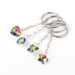 Stainless Steel Keychain, with Mixed Shapes Glass Pendant, Mixed Color, 72~73mm