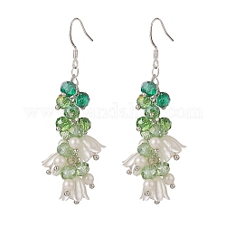 Orecchini pendenti con perle di conchiglia e fiori di plastica e vetro, 304 orecchini pendenti lunghi a grappolo in acciaio inossidabile da donna, verde, 64mm, ago :0.6mm