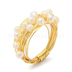 Natural Pearl Beaded Finger Ring, Brass Wire Wrap Finger Ring, Real 14K Gold Plated, US Size 6(16.5mm)