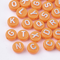Plating Opaque Acrylic Beads, Metal Enlaced, Horizontal Hole, Flat Round with Letter, Coral, 10x6mm, Hole: 1.8mm, about 1580pcs/500g