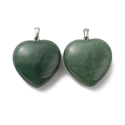 Natural Green Aventurine Pendants, Heart Charms, with Rack Plating Platinum Tone Brass Snap on Bails, 32~33x30~31x12~13mm, Hole: 5x8mm