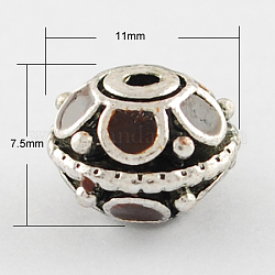 Handmade Indonesia Beads, with Alloy Cores, Flat Round, Antique Silver, Coconut Brown, 11x7.5mm, Hole: 2mm