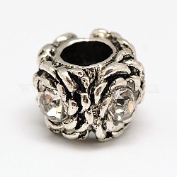 Antique Silver Zinc Alloy Rhinestone European Beads, Rondelle with Flower, Crystal, 9x12mm, Hole: 5mm