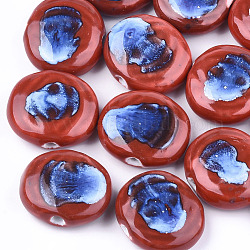 Manuell Porzellan Perlen, Phantasie antiken glasiertem Porzellan, Flachrund, rot, 23~24x24~27x9~10 mm, Bohrung: 3 mm