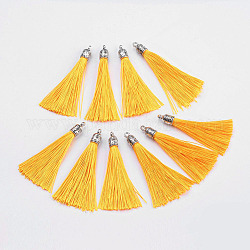 Décorations de gros pendentif pompon en nylon, avec les accessoires en alliage d'argent antique, jaune, 55~67x7mm, Trou: 2mm