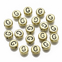 Perles acryliques plaquées, trou horizontal, plat rond avec la lettre, plaqué or, noir, letter.g, 7x4mm, Trou: 1.2mm, environ3600 pcs / 500 g.