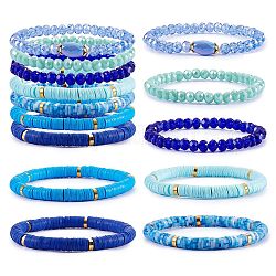 7 pièces 7 style fait à la main en argile polymère heishi surfeur ensemble de bracelets extensibles, bracelets empilables en perles de verre, bijoux preppy pour femme, bleu, diamètre intérieur: 2-1/8 pouce (5.3 cm), 1pc / style