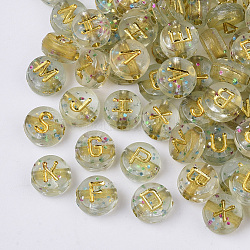 Plating Transparent Acrylic Beads, with Glitter Powder, Metal Enlaced, Horizontal Hole, Flat Round with Letter, Golden Plated, 7x4mm, Hole: 1.5mm