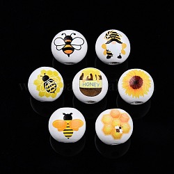 Perles en bois imprimées sur le thème des abeilles, ronde, couleur mixte, formes mixtes, 15.5~16x15mm, Trou: 3.5mm