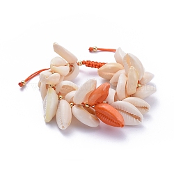 Bracelets de perle tressés avec cordon de nylon réglable, avec des perles de coquillage cauri naturel et des perles en laiton, or, orange, 5~9 cm
