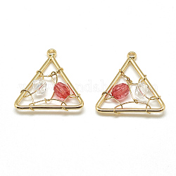 Brass Pendants, with Glass Beads, Triangle, Real 18K Gold Plated, Red, 18x17x3.5mm, Hole: 1mm