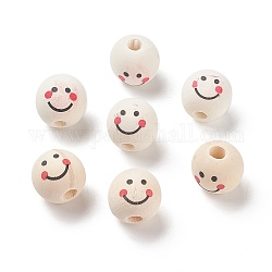 (defekter Restposten: Holz strukturiert und gebeizt) Naturholz bedruckte europäische Perlen, Großloch perlen, rund mit lächelndem Gesichtsmuster, Blumenweiß, 18~18.5x17 mm, Bohrung: 5 mm, ca. 260 Stk. / 500 g
