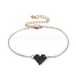 Bracelets fins et chaînes, avec des perles de rocaille japonaises faites à la main, chaînes de câble et chaînes d'extension en laiton, cœur, noir, 6-7/8 pouce (17.5 cm)