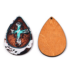 Single Face Printed Basswood Big Pendants, Teardrop Charm with Cross Pattern, Turquoise, 60x40x3mm, Hole: 2mm