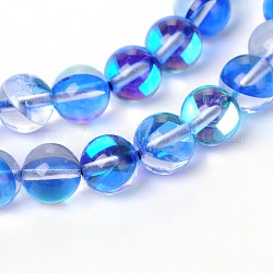 Synthetical Moonstone Round Beads Strands, Holographic Beads, Dyed, Blue, 10mm, Hole: 1mm, about 38pcs/strand, 15.7 inch