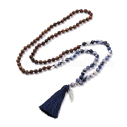 Collar de perlas redondas de madera y sodalita natural, collar con colgante de hoja y borla para niña mujer, azul de Prusia, 43.31 pulgada (110 cm)