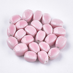 Perles en porcelaine manuelles, style de porcelaine émaillée lumineux, ovale, rose, 14x10.5x11mm, Trou: 2.5mm