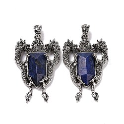Natural Lapis Lazuli Faceted Big Pendants, Dragon Charms, with Antique Silver Plated Alloy Findings, 52x33x8mm, Hole: 6x4mm
