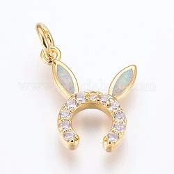 Brass Cubic Zirconia Bunny Pendants, with Synthetic Opal, Rabbit Ears, Golden, White, 17x15x3mm, Hole: 4mm