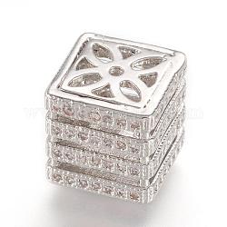 Brass Micro Pave Cubic Zirconia Beads, Real Platinum Plated, Cube, 10.5x10.5x10.5mm, Hole: 1mm