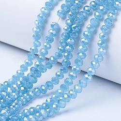 Chapelets de perles en verre électroplaqué, perles d'imitation en jade, perle plaquée lustre, facette, rondelle, lumière bleu ciel, 4x3mm, Trou: 0.4mm, Environ 123~127 pcs/chapelet, 16.5~17.3 pouce (42~44 cm)