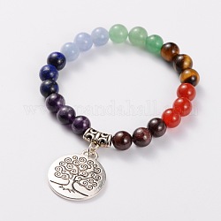 Pierre naturelle bracelets stretch, avec l'arbre de style tibétain de la vie pendentif, argent antique, colorées, 55mm