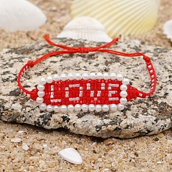 Bracciali con perline di semi modello telaio di parola amore per le donne, nylon regolabile bracciali intrecciati cavo di perline, rosso, 11 pollice (28 cm)