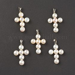 Ciondoli perla naturale, con i risultati in ottone placcato platino, fascino incrociato, 30x20x5.5mm, Foro: 5x3 mm