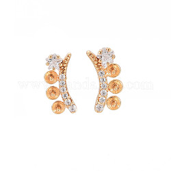 Brass Micro Pave Clear Cubic Zirconia Stud Earring Findings, for Half Drilled Beads, Nickel Free, Curved Bar, Real 18K Gold Plated, 5.5x12mm, Pin: 0.6mm, pin: 0.6mm(for half drilled beads)