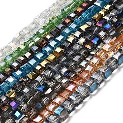Abalorios de vidrio electroplate hebras, color de ab chapado, facetados, cubo, color mezclado, 4x4x4mm, agujero: 1 mm