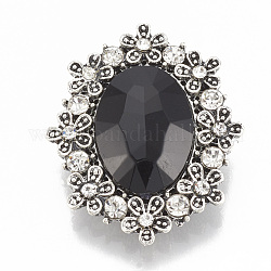 Alloy Rhinestone Flat Back Cabochons, with Acrylic Rhinestone, Faceted, Oval, Antique Silver, Black, 30x25x6.5mm