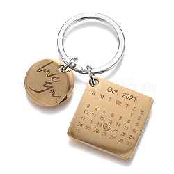 Porte-clés en acier inoxydable avec date de calendrier gravée, carré et rond plat avec le mot t'aime, or et acier inoxydable Couleur, 60mm
