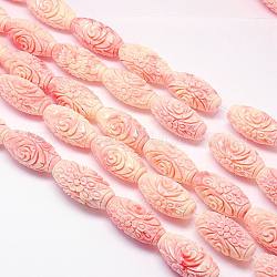 Synthetic Coral Beads Strands, Dyed, Oval Carved Flower Rose, PeachPuff, 26x13mm, Hole: 1mm, about 15pcs/strand, 15.74 inch