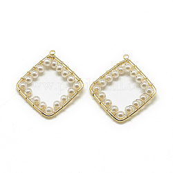 Pendentifs en plastique imitation perle ABS, avec les accessoires en laiton, losange, véritable 18k plaqué or, 36x32x4mm, Trou: 1mm
