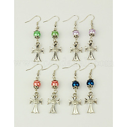 Stylish  Glass Pearl Cross Dangle Earrings, with CCB Plastic Pendants, Tibetan Style Bead Caps and Brass Earring Hooks, Mixed Color, 57mm