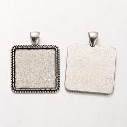 Supports alliage pendentif carré cabochon de style tibétain, sans cadmium et sans plomb, argent antique, Plateau: 25x25 mm, 38x30x2mm, Trou: 5x7mm