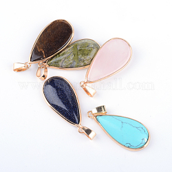 Teardrop Natural & Synthetic Mixed Stone Pendants, with Golden Tone Brass Findings, 35~36x16~17x6mm, Hole: 4x6mm