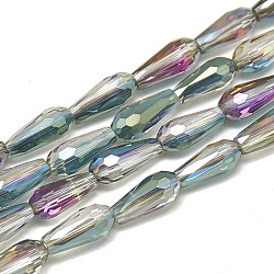 Chapelets de perles en verre électroplaqué, larme à facettes, verte, 9~9.5x4mm, Trou: 1mm, Environ 72 pcs/chapelet, 25.98 pouce