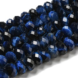 Chapelets de perles d'œil de tigre naturel, facette, teinte, rondelle, bleu marine, 6x4~4.5mm, Trou: 1mm, Environ 91 pcs/chapelet, 15.31''~15.35'' (38.9~39 cm)