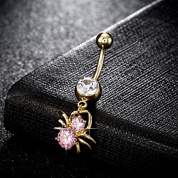 Piercing Jewelry, Brass Cubic Zirconia Navel Ring, Belly Rings, with Surgical Stainless Steel Bar, Cadmium Free & Lead Free, Real 18K Gold Plated, Spider, Pink, 38x16mm, Bar: 15 Gauge(1.5mm), Bar Length: 3/8