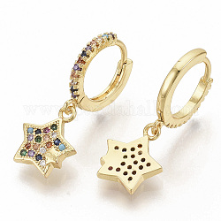 Brass Micro Pave Colorful Cubic Zirconia Dangle Hoop Earrings, Star, Real 16K Gold Plated, 26mm, Pin: 1x1mm