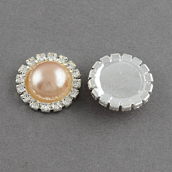Garment Accessories Half Round ABS Plastic Imitation Pearl Cabochons, with Grade A Rhinestone and Brass Cabochon Settings, Silver Color Plated, BurlyWood, 14.5x4mm