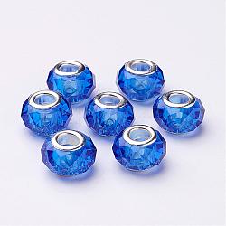 Handgefertigte Glasperlen europäischen, Großloch perlen, Farbe Silber Messingkern, königsblau, 14x8 mm, Bohrung: 5 mm