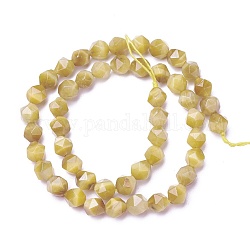 Chapelets de perles d'œil de tigre naturel, teinte, ronde à facettes, verge d'or, 7~8x7.5~8mm, Trou: 0.8mm, Environ 47~49 pcs/chapelet, 15.3 pouce (39 cm)