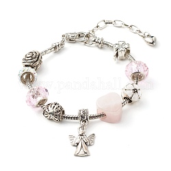 Bracelet européen fleurs de trèfle ange coeur pour femme adolescente, bracelet en quartz rose naturel & perles de verre & alliage, 8-1/8 pouce (20.5 cm)