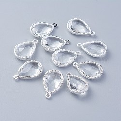 Glass Pendants, with Eco-Friendly Alloy Open Back Berzel Findings, Faceted, teardrop, Silver Color Plated, Clear, 18x12x5mm, Hole: 1.4mm