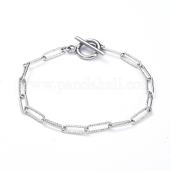 304 Stainless Steel Textured Paperclip Chain Bracelets, with Toggle Clasps, Stainless Steel Color, 7-5/8 inch(19.5cm)