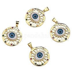 4Pcs Brass Micro Pave Colorful Cubic Zirconia Pendants, with Resin, Real 18K Gold Plated, Flat Round with Eye, Light Sky Blue, 27.5x25x7.5mm, Hole: 6.5x3.5mm