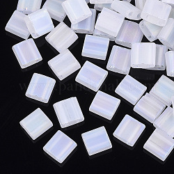 Perline di vetro trasparente a 2 foro, colori smerigliati, rettangolo, bianco, 5x5~5.5x2~2.5mm, Foro: 0.7 mm
